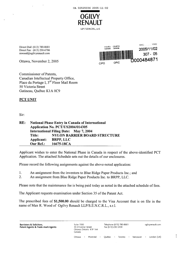 Document de brevet canadien 2525036. Cession 20051102. Image 1 de 13
