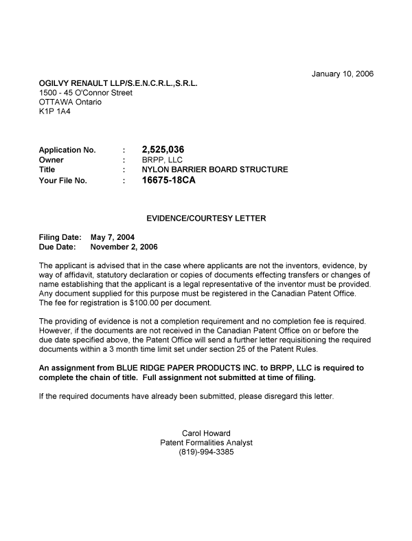 Document de brevet canadien 2525036. Correspondance 20060110. Image 1 de 1