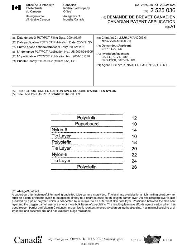 Document de brevet canadien 2525036. Page couverture 20060113. Image 1 de 1