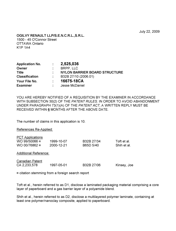 Document de brevet canadien 2525036. Poursuite-Amendment 20090722. Image 1 de 3
