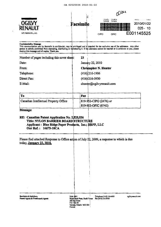 Document de brevet canadien 2525036. Poursuite-Amendment 20100122. Image 1 de 12