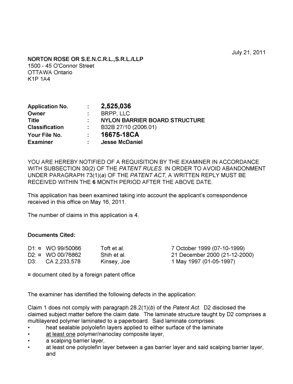 Document de brevet canadien 2525036. Poursuite-Amendment 20110721. Image 1 de 3