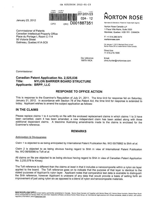 Document de brevet canadien 2525036. Poursuite-Amendment 20120123. Image 1 de 7