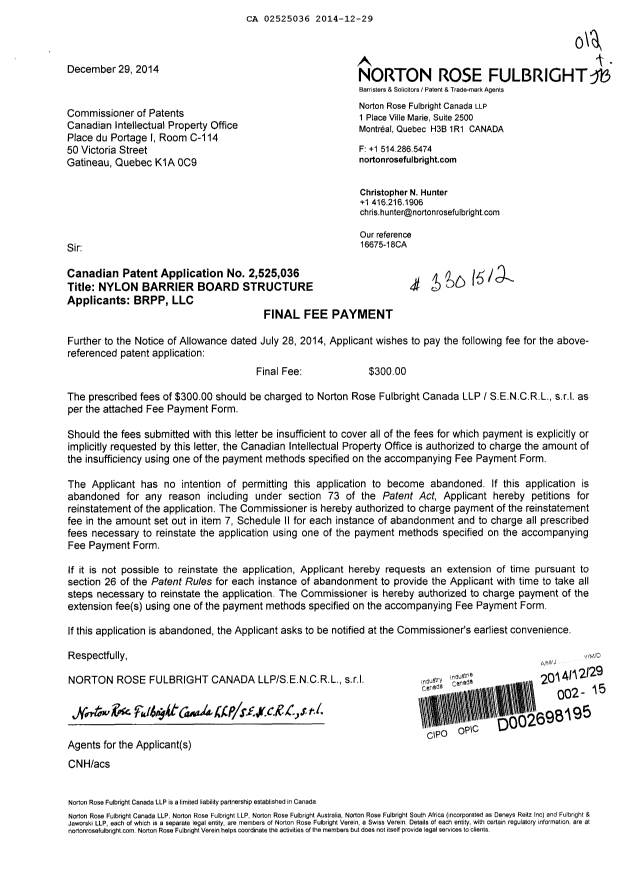 Document de brevet canadien 2525036. Correspondance 20141229. Image 1 de 1