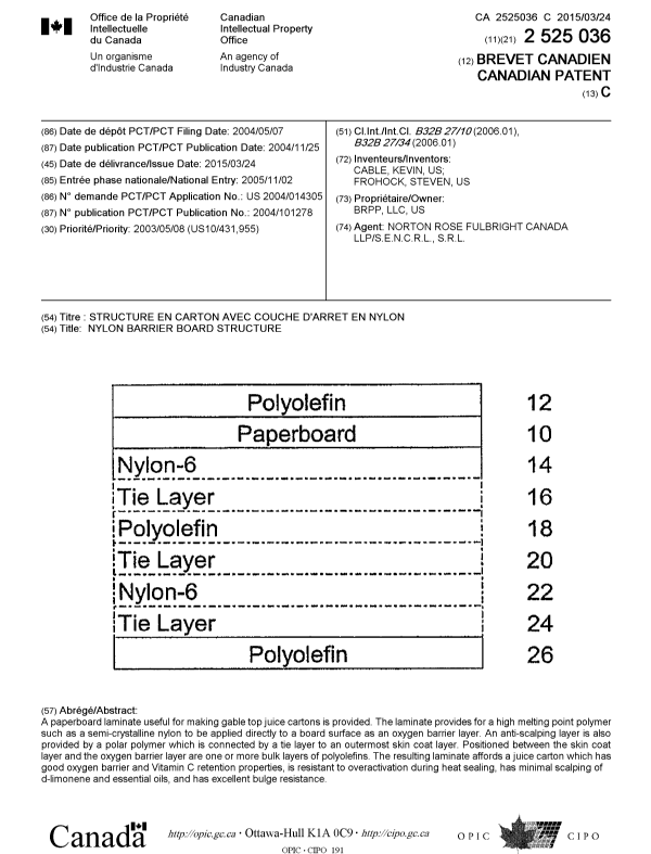 Document de brevet canadien 2525036. Page couverture 20150218. Image 1 de 1
