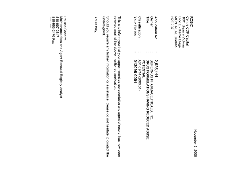 Canadian Patent Document 2525111. Correspondence 20061103. Image 1 of 1