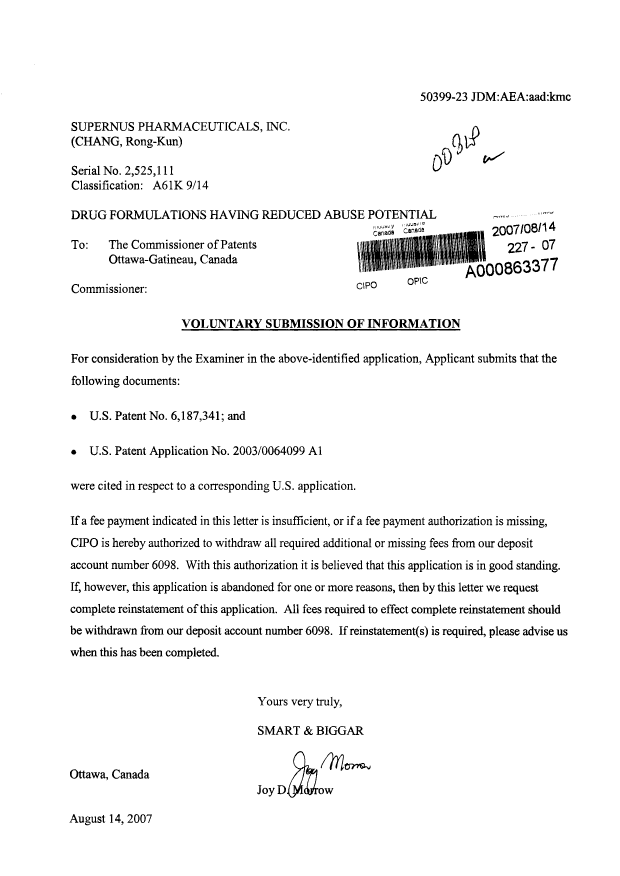 Canadian Patent Document 2525111. Prosecution-Amendment 20070814. Image 1 of 1