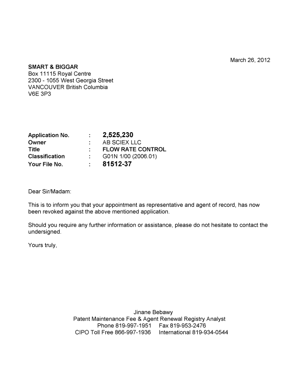 Canadian Patent Document 2525230. Correspondence 20111226. Image 1 of 1