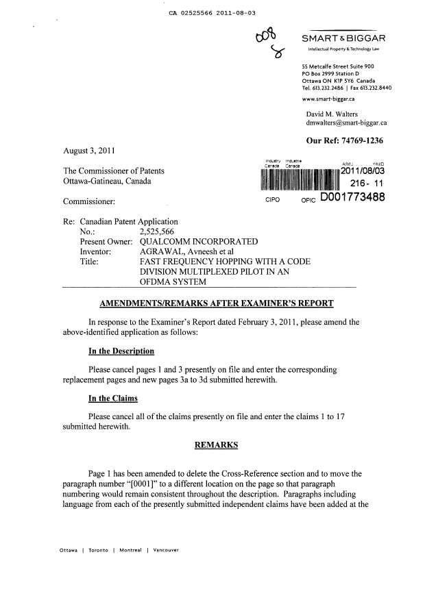 Canadian Patent Document 2525566. Prosecution-Amendment 20110803. Image 1 of 21