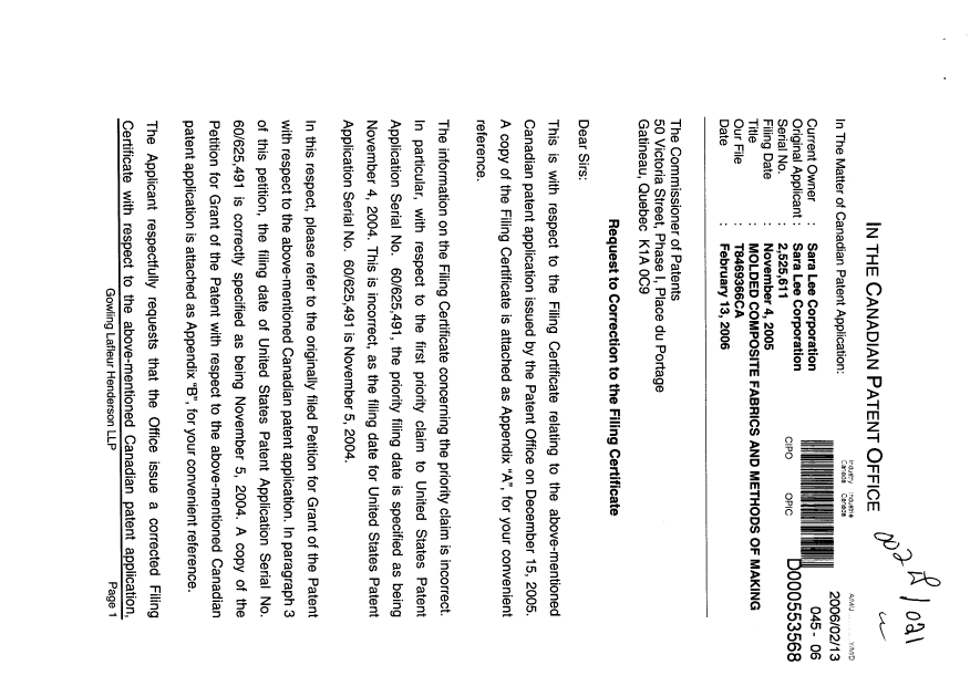 Canadian Patent Document 2525611. Correspondence 20060213. Image 1 of 7