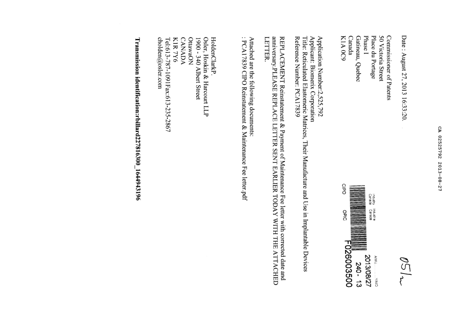 Document de brevet canadien 2525792. Correspondance 20121227. Image 1 de 2