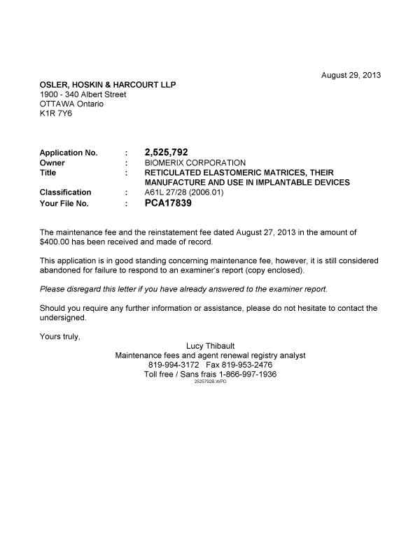 Canadian Patent Document 2525792. Correspondence 20121229. Image 1 of 1