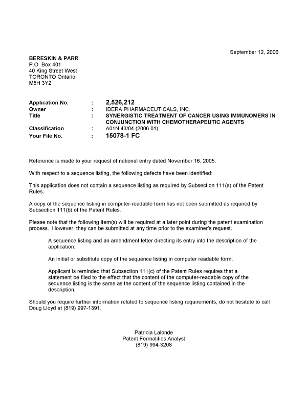 Canadian Patent Document 2526212. Correspondence 20051208. Image 1 of 1
