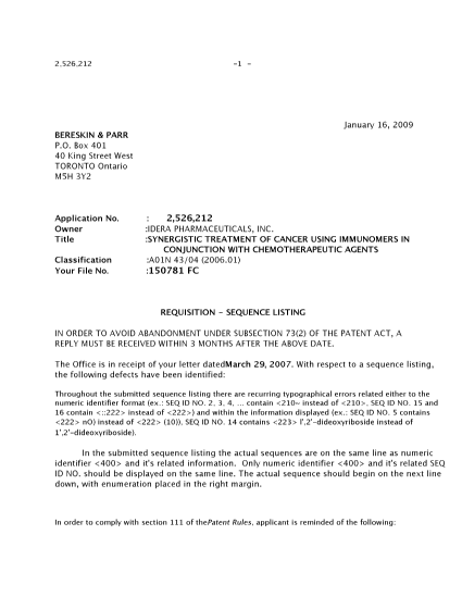Canadian Patent Document 2526212. Correspondence 20081216. Image 1 of 2