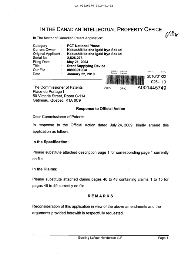 Canadian Patent Document 2526276. Prosecution-Amendment 20100122. Image 1 of 10
