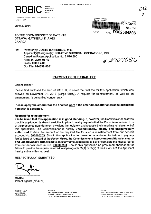 Document de brevet canadien 2526590. Correspondance 20140602. Image 1 de 2