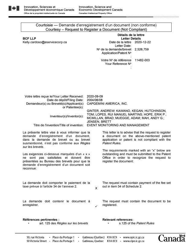 Document de brevet canadien 2526759. Lettre du bureau 20201222. Image 1 de 2