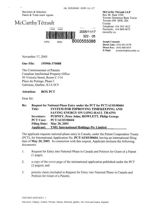 Document de brevet canadien 2526940. Cession 20051117. Image 1 de 3
