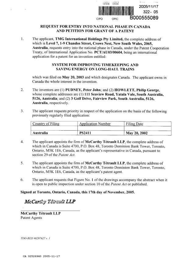 Document de brevet canadien 2526940. Cession 20051117. Image 3 de 3