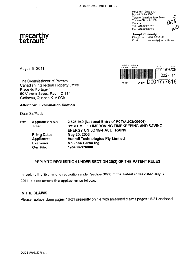 Canadian Patent Document 2526940. Prosecution-Amendment 20101209. Image 1 of 9