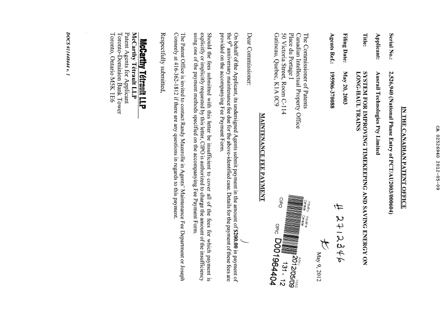 Canadian Patent Document 2526940. Fees 20111209. Image 1 of 1