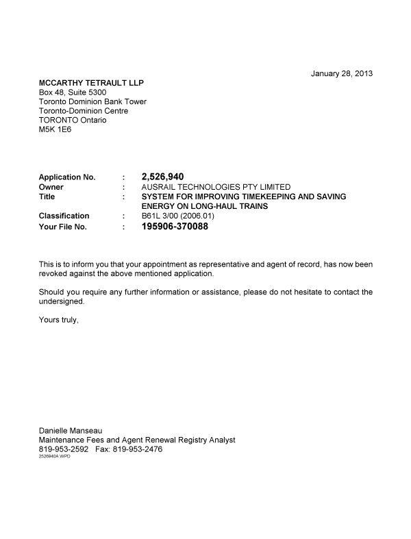 Document de brevet canadien 2526940. Correspondance 20130128. Image 1 de 1