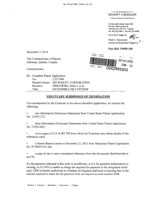 Document de brevet canadien 2527060. Correspondance de la poursuite 20141203. Image 1 de 2