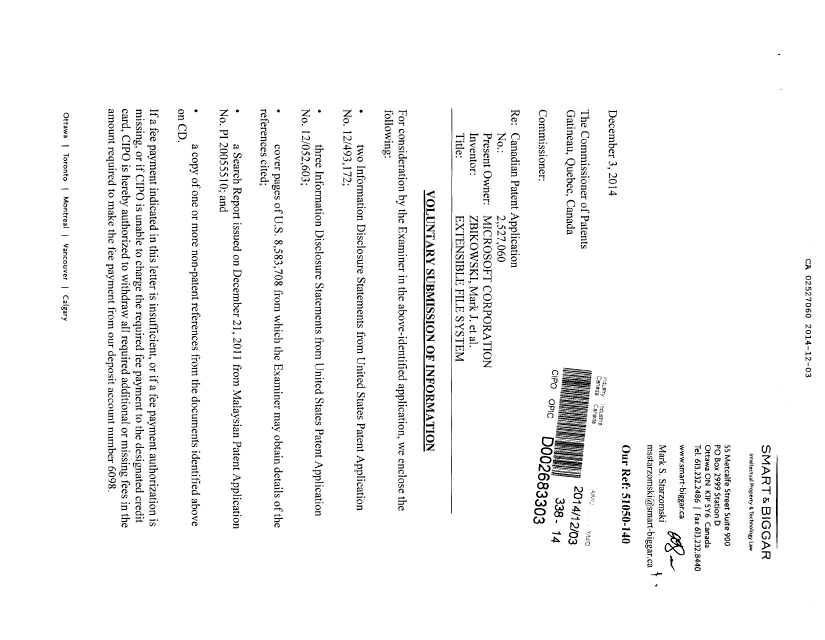 Canadian Patent Document 2527060. Prosecution Correspondence 20141203. Image 1 of 2