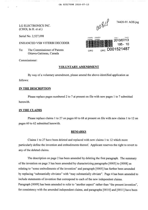 Canadian Patent Document 2527098. Prosecution-Amendment 20100713. Image 1 of 12