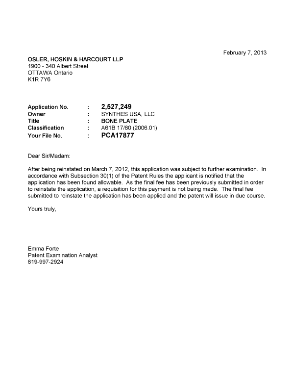 Canadian Patent Document 2527249. Correspondence 20130207. Image 1 of 1