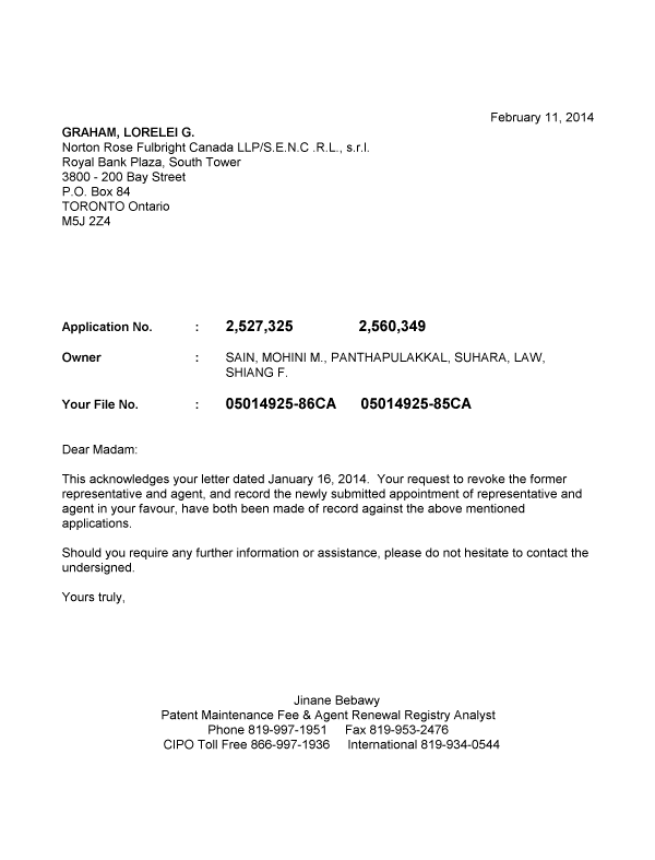 Canadian Patent Document 2527325. Correspondence 20131211. Image 1 of 1
