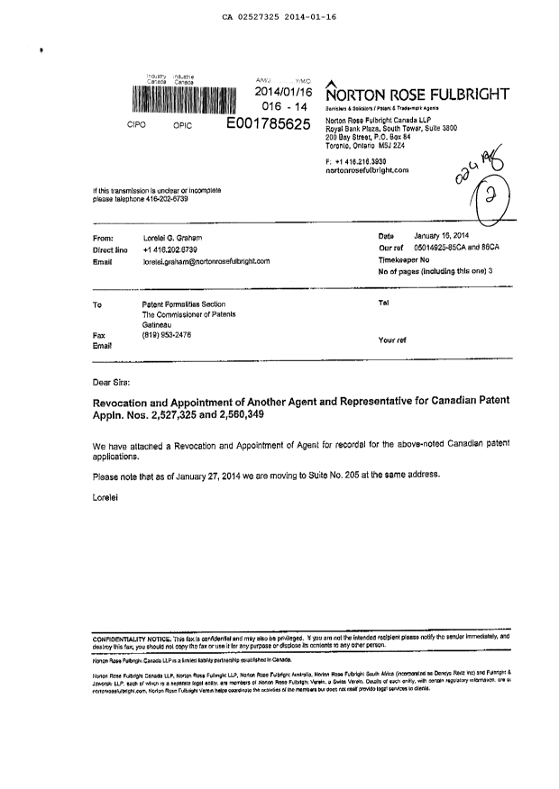 Canadian Patent Document 2527325. Correspondence 20131216. Image 1 of 3