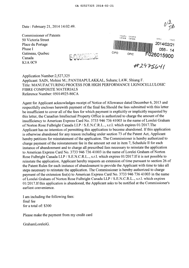 Canadian Patent Document 2527325. Correspondence 20131221. Image 1 of 2