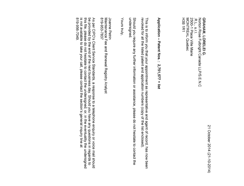 Document de brevet canadien 2527325. Correspondance 20131221. Image 1 de 1