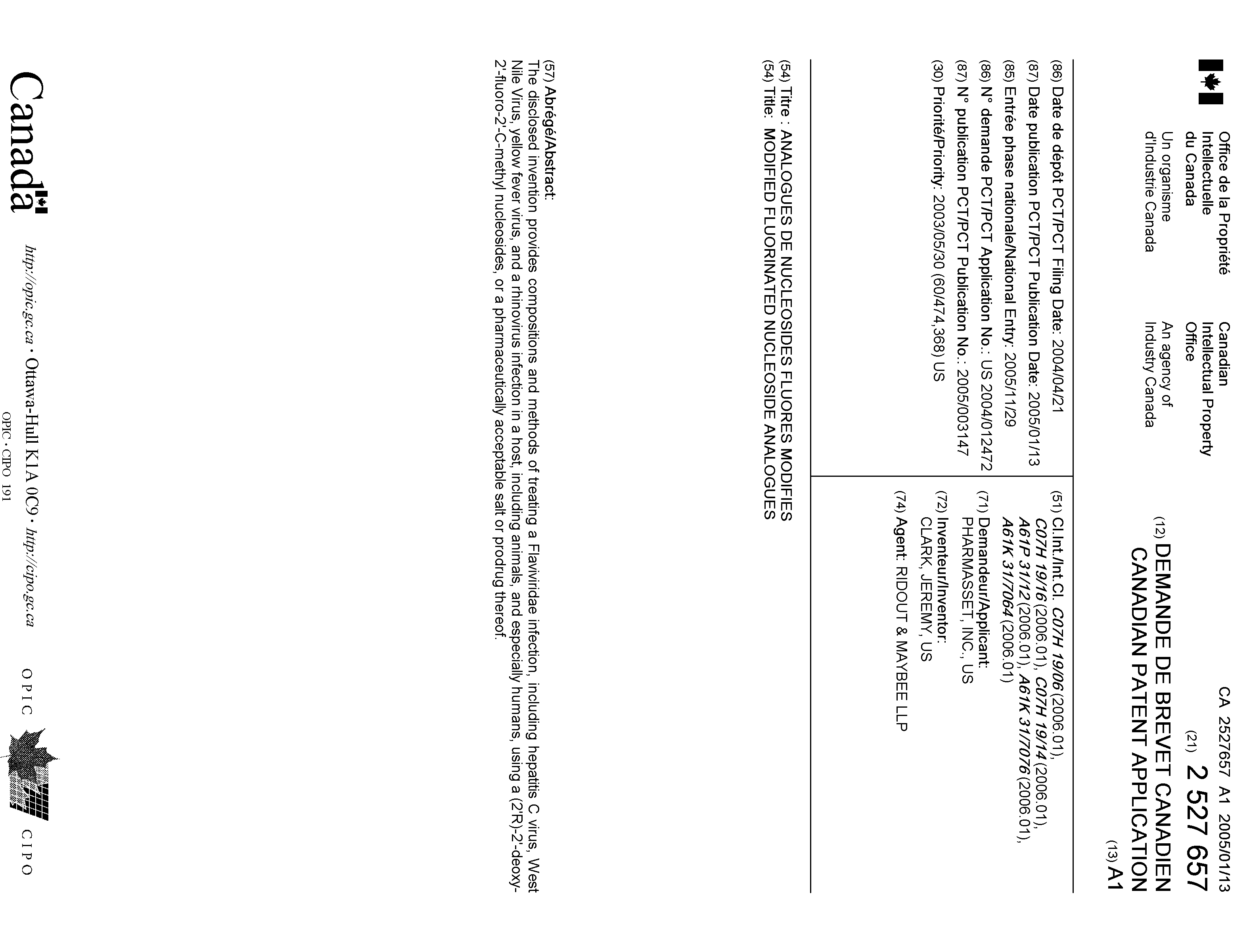 Canadian Patent Document 2527657. Cover Page 20051202. Image 1 of 1