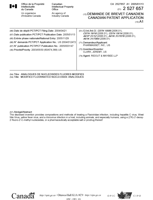 Document de brevet canadien 2527657. Page couverture 20051202. Image 1 de 1