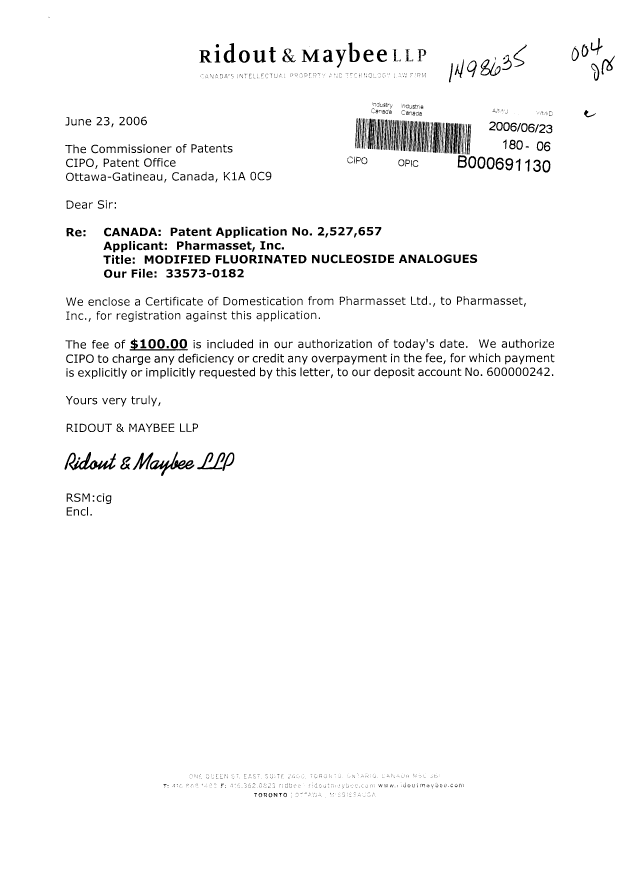 Document de brevet canadien 2527657. Cession 20051223. Image 1 de 3