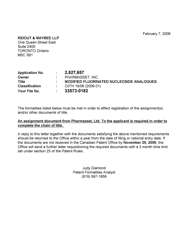 Canadian Patent Document 2527657. Correspondence 20051231. Image 1 of 1
