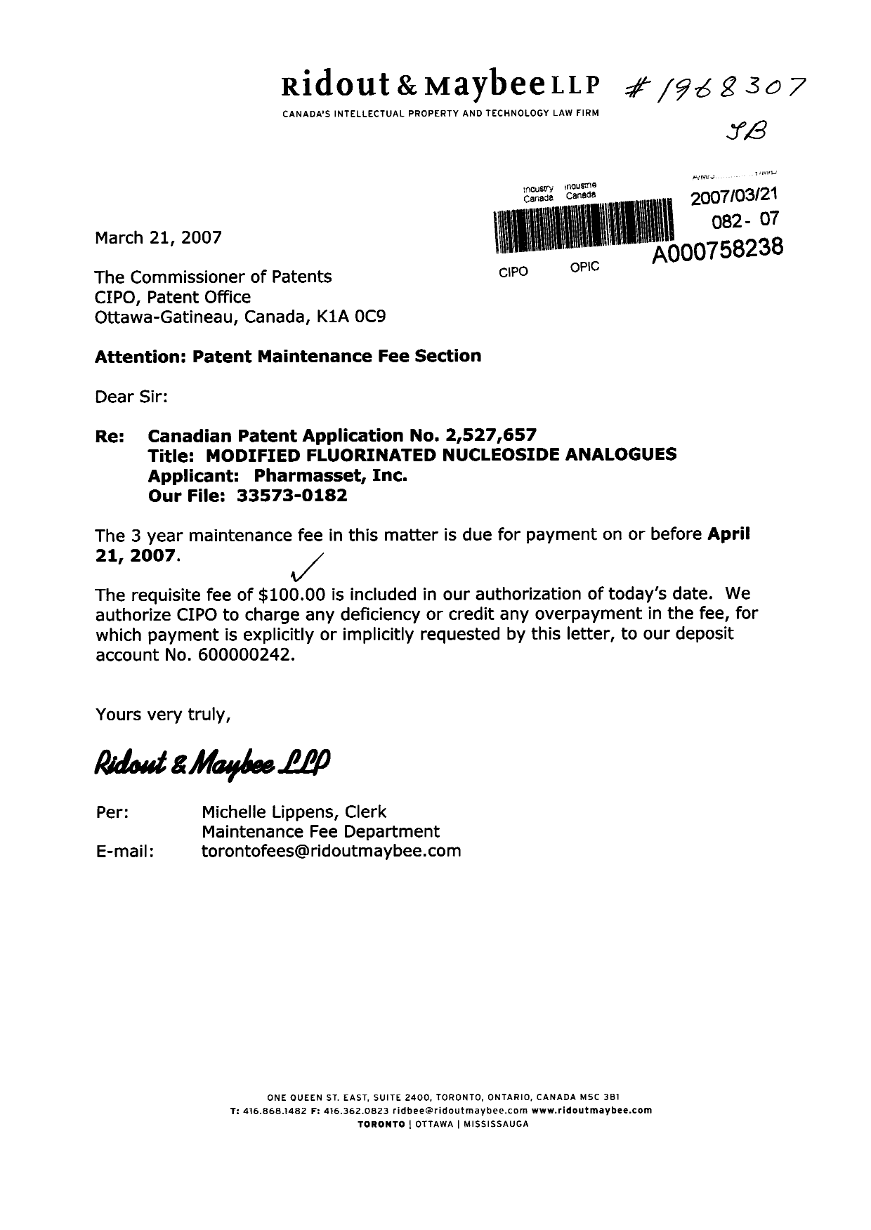 Canadian Patent Document 2527657. Fees 20061221. Image 1 of 1