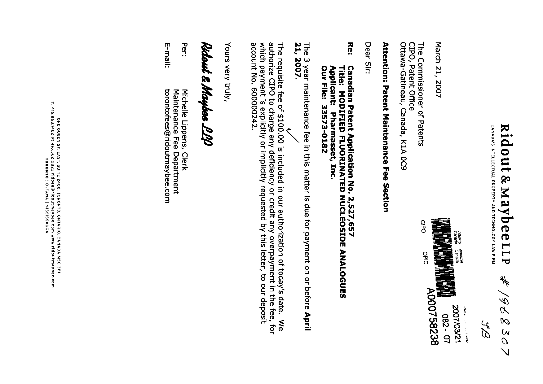 Document de brevet canadien 2527657. Taxes 20061221. Image 1 de 1