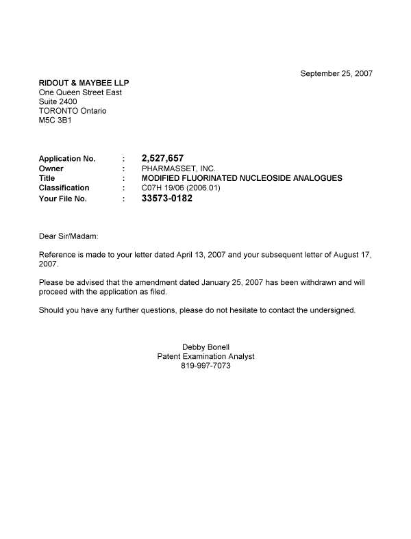 Canadian Patent Document 2527657. Correspondence 20061225. Image 1 of 1