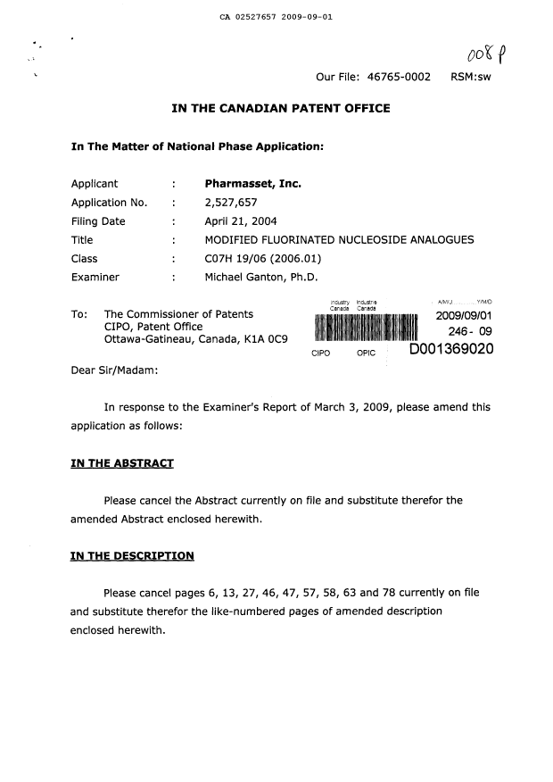 Document de brevet canadien 2527657. Poursuite-Amendment 20081201. Image 1 de 29