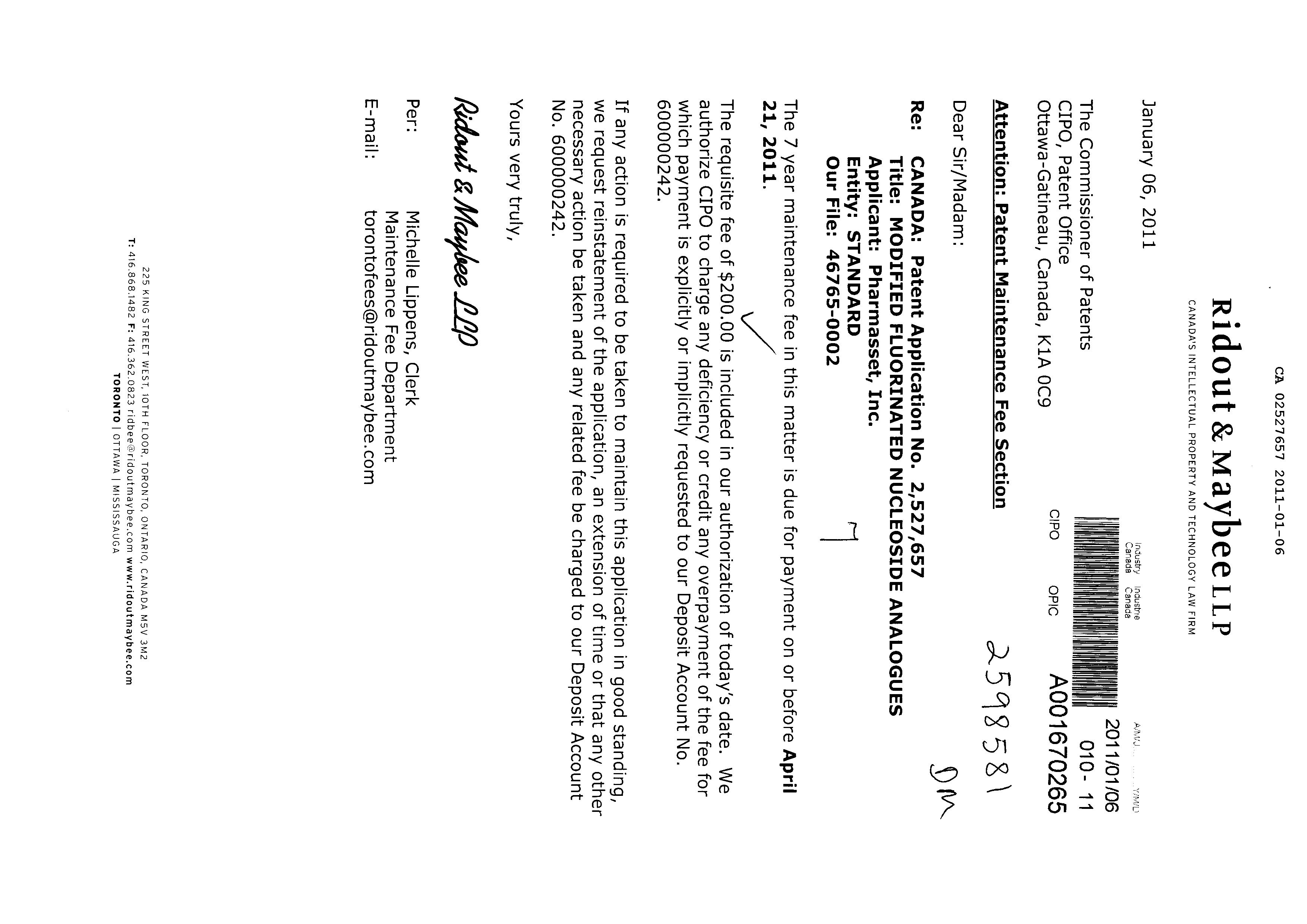 Canadian Patent Document 2527657. Fees 20101206. Image 1 of 1