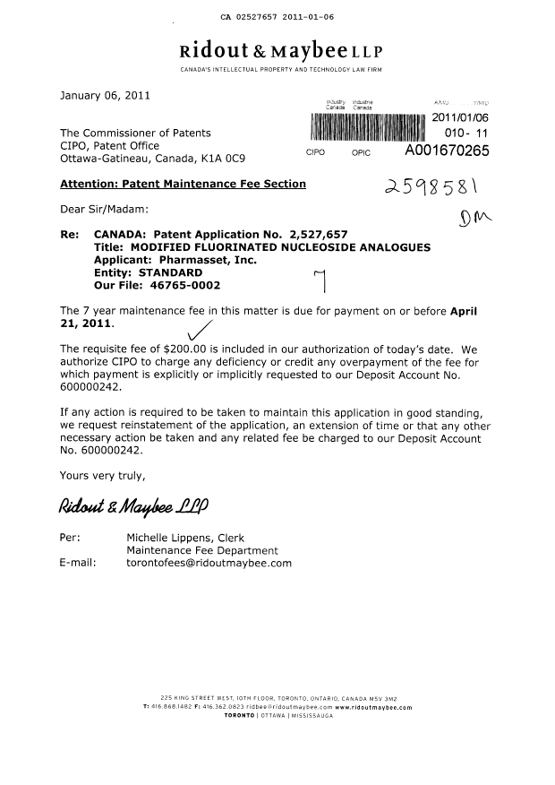 Canadian Patent Document 2527657. Fees 20101206. Image 1 of 1