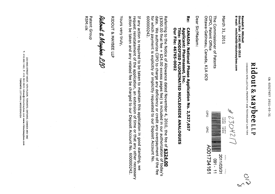 Canadian Patent Document 2527657. Correspondence 20101231. Image 1 of 1