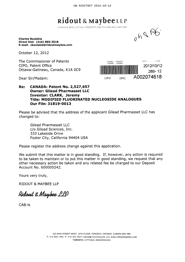 Document de brevet canadien 2527657. Correspondance 20111212. Image 1 de 1