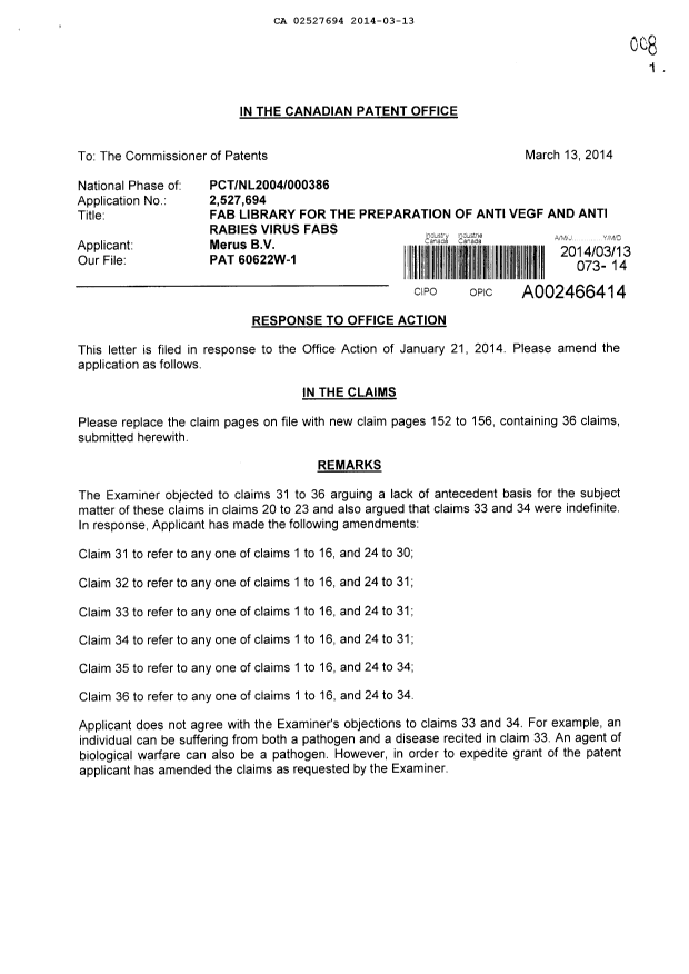 Document de brevet canadien 2527694. Poursuite-Amendment 20140313. Image 1 de 7