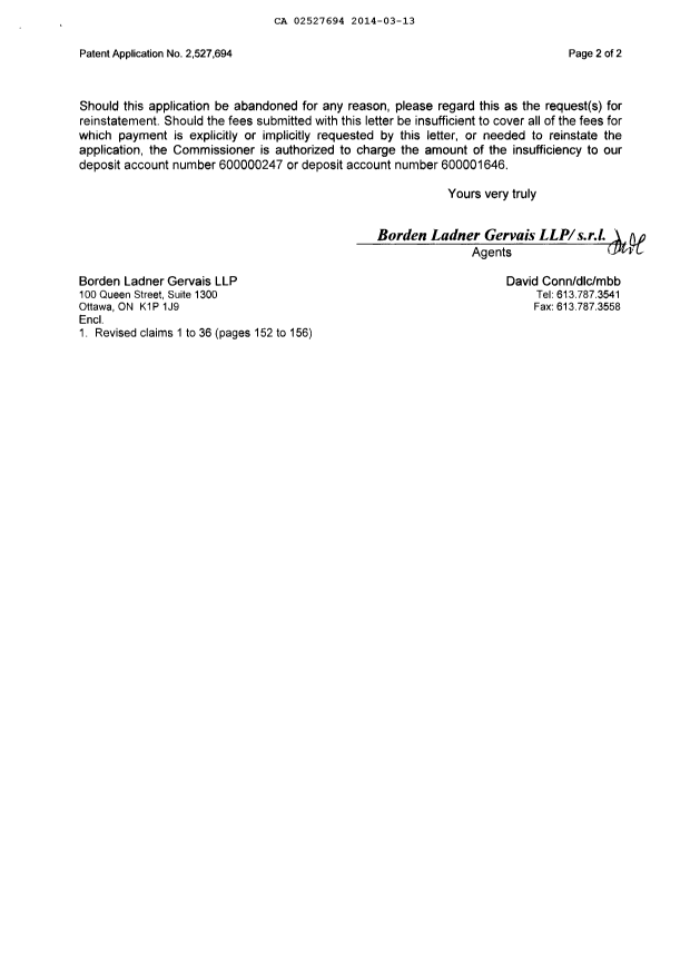 Canadian Patent Document 2527694. Prosecution-Amendment 20140313. Image 2 of 7