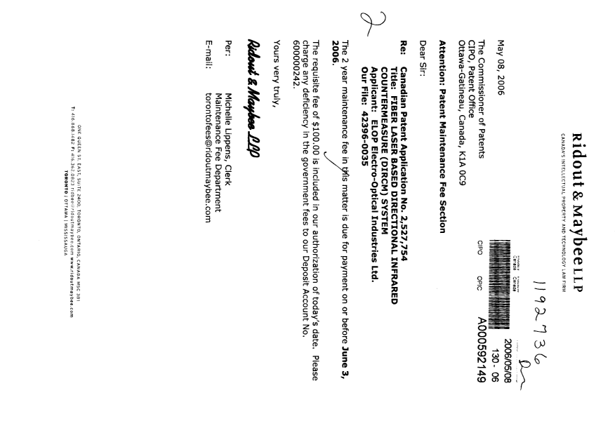 Document de brevet canadien 2527754. Taxes 20051208. Image 1 de 1