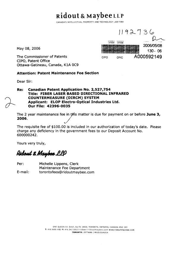 Canadian Patent Document 2527754. Fees 20060508. Image 1 of 1